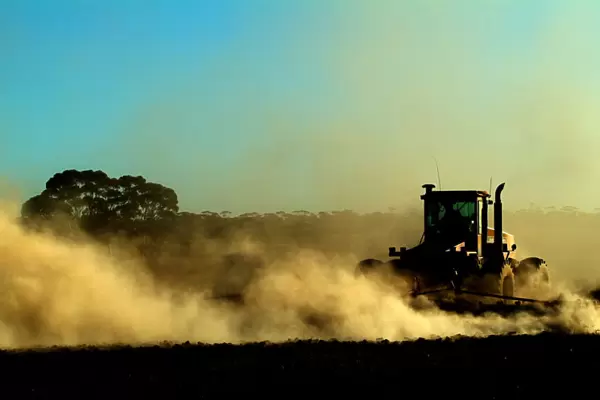 20081680. australia, western australia, wagin, tractors ploughing in the drought