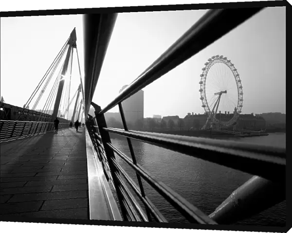 UK, London, Hungerford Bridge over River Thames and London Eye