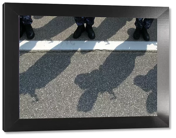Romanian gendarmes cast shadows during a swearing-in ceremony in Bucharest