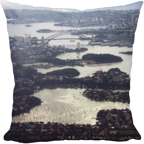 Aerial picture shows Sydney Harbour Bridge and Central Business District behind houses