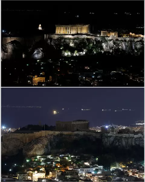 A combination picture shows a view of the ancient Parthenon temple atop the Acropolis