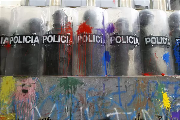 Riot policemen stand with their shields painted by students during a demonstration in
