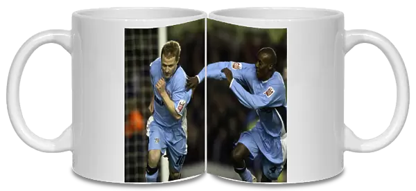 Coventry City's Gary McSheffrey and Lloyd Dyer Celebrate Penalty Goal Against Nottingham Forest in Coca-Cola Championship (06-04-2005)