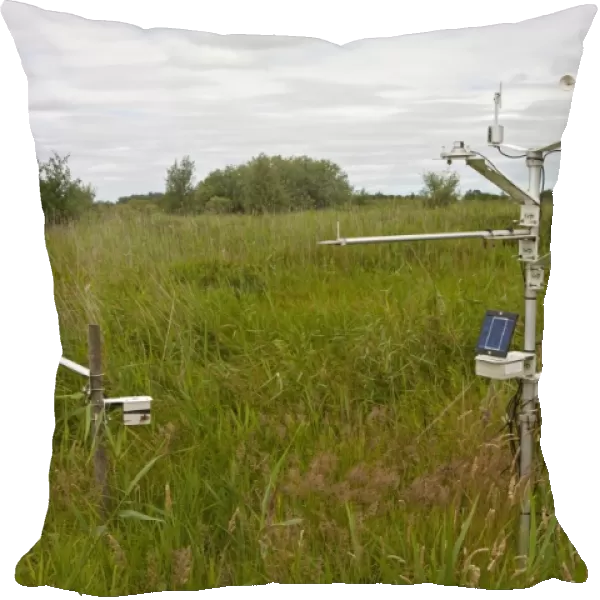 Weather recording station in marshland, Sutton Fen RSPB Reserve, The Broads, Norfolk, England, July