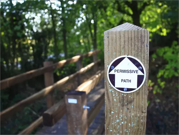 Permissive Path sign beside footbridge at entrance to new Millenium woodland, Vicarage Plantation, Mendlesham, Suffolk