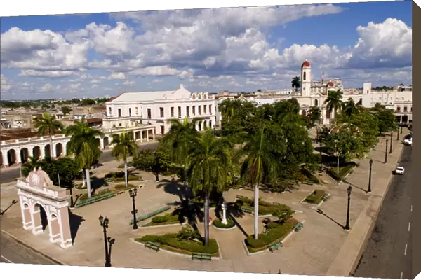 Aerial nbirdseye view of square in downtown ceneter of Cienfuegos Cuba