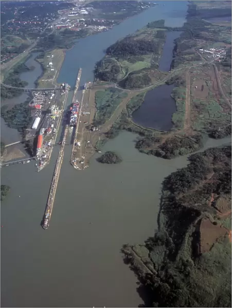 Central America, Panama, Panama Canal. Miraflores Locks, aerial view