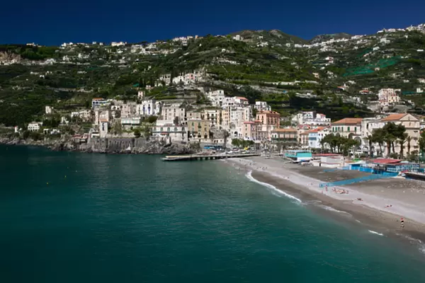 Europe, Italy, Campania, (Amalfi Coast) Maiori: Town View with Beach