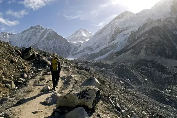 Nepal. A trekker on the Everest Base Camp Trail in the Khumbu region of Nepal