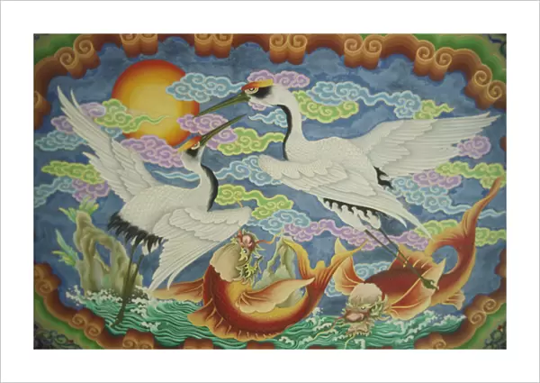 Taiwan, Peimen, Nankunshen Temple, Ceiling mural of cranes and catfish. Credit as