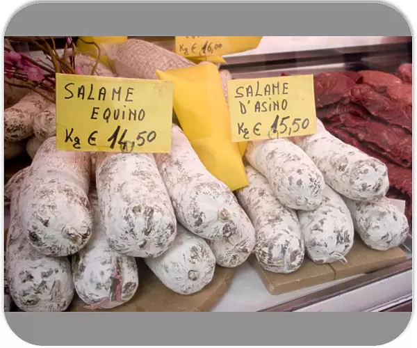 Europe, Italy, Venice. Horse meat products for sale at market