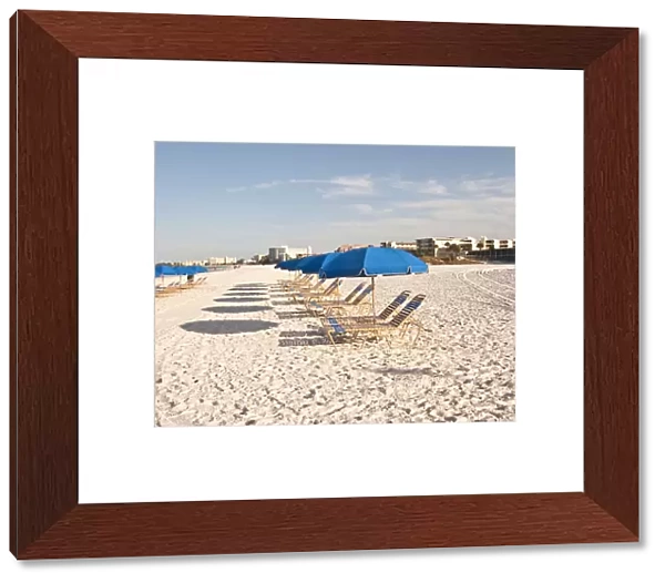 North America, USA, Florida, Sarasota, Crescent Beach, ready with beach chairs and umbrellas