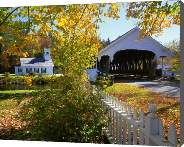 USA, New Hampshire, Stark. View of Stark Bridge and Church on the Upper Ammonoosuc River