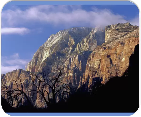 Zion National Park, Utah. USA. Stratus clouds & cliffs of Zion Canyon in winter
