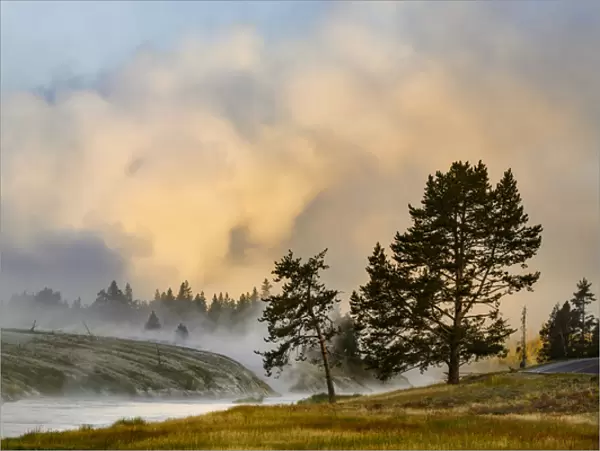 Steaming mist at sunrise along Firehole River, Yellowstone National Park, Wyoming  /  Montana