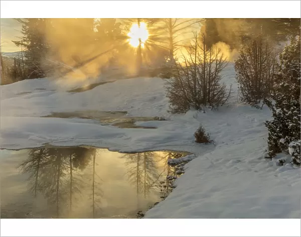 Sunrise greets Grassy Spring at Mammoth Hot Springs in Yellowstone National Park