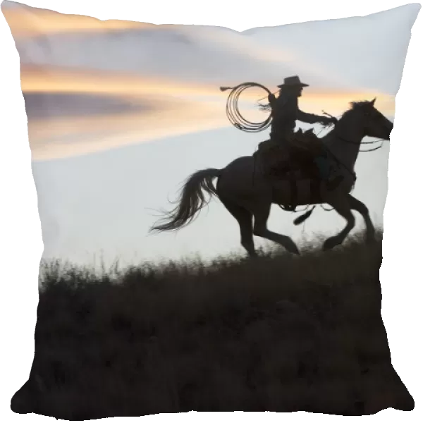 USA, Wyoming, Shell, The Hideout Ranch, Silhouette of Cowgirl with Horse at Sunset