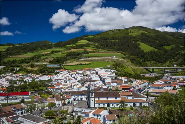 Portugal, Azores, Sao Miguel Island, Agua de Pau. Elevated town view from Monte Santos