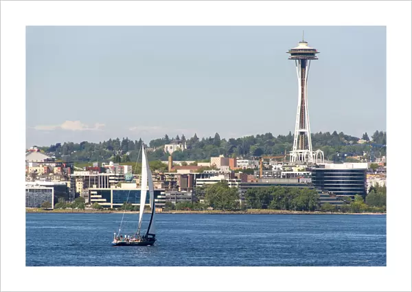 USA, Washington State, Seattle. Sailboat tour on Puget Sound passing Space Needle