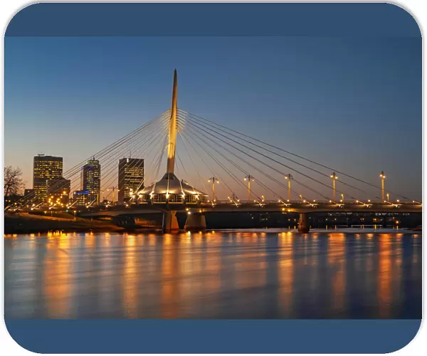 Canada, Manitoba, Winnipeg. Esplanade Bridge over Red River at sunset