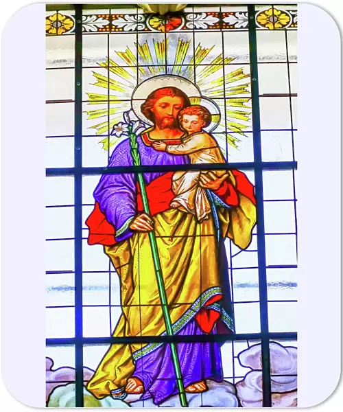 Colorful Saint Joseph Father Baby Jesus Lily Stained glass Cathedral Puebla, Mexico