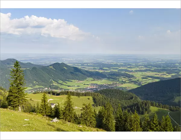 View over the foothills of the Chiemgau Alps and town Aschau in Upper Bavaria