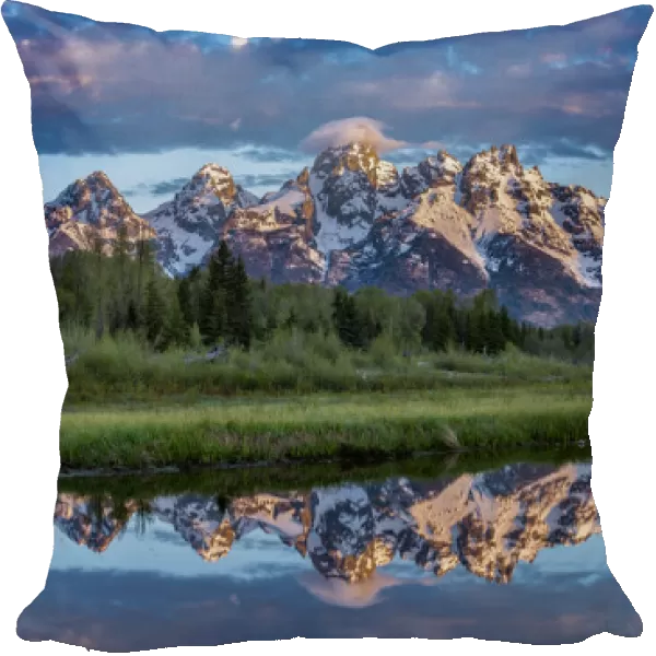 Grand Teton National Park, panoramic reflection of Teton Mountains near Jackson Hole