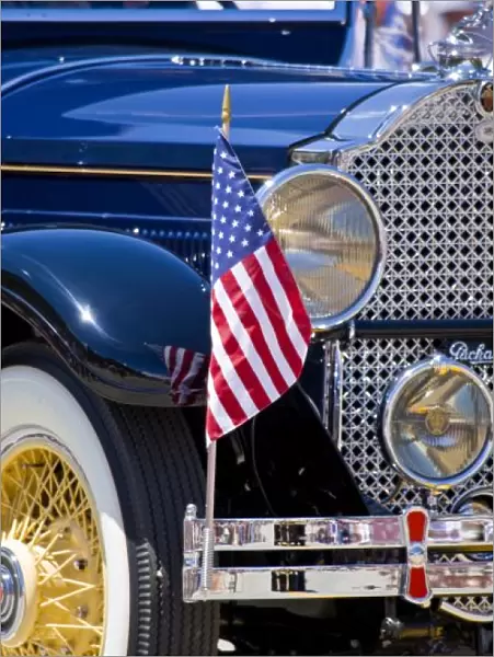 USA, Colorado, Frisco. Vintage Packard auto decorated with American flag in July