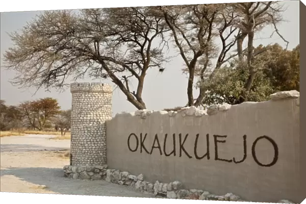 Namibia, Etosha National Park. The entrance sign of the Okaukuejo Lodge
