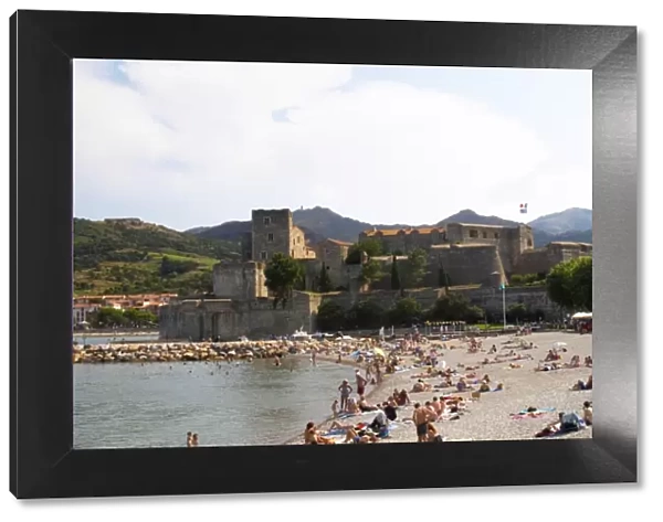 The beach in the village. The chateau in Collioure harbour. Collioure. Roussillon