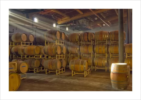 Shafts of light in barrel room of Montevina Winery. Established in 1970, bought by