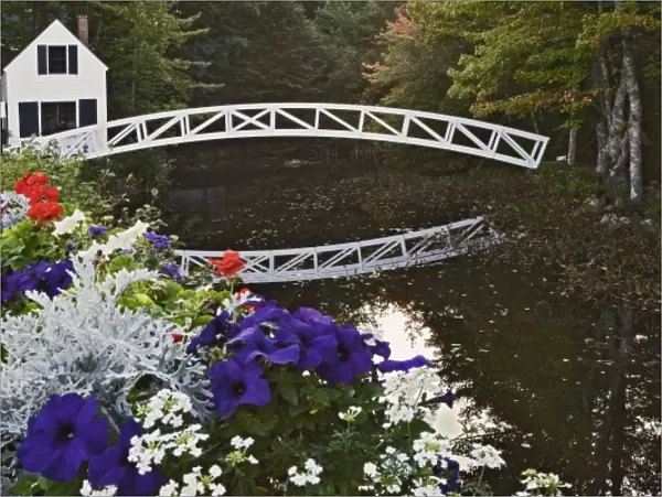 Picturesque footbridge and flowers, Somesville, Mount Desert Island, Maine