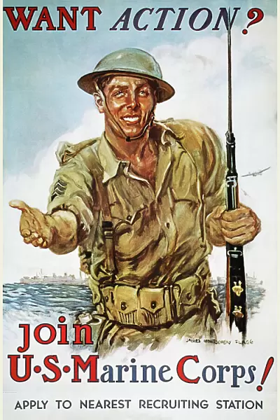 Want Action? : American World War II Marine Corps recruiting poster, 1942, by James Montgomery Flagg