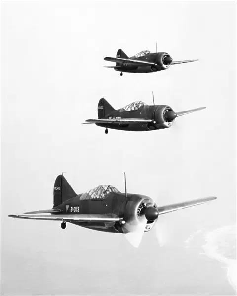 A squadron of Brewster F2A Buffalo fighter planes undergoing flight tests, 1941