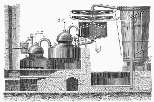 Wine distillery invented by Johannes Pistorius. 19th century German line engraving