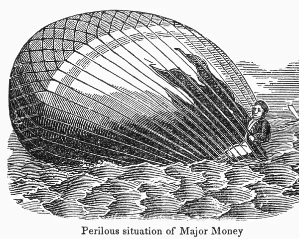Hot air balloon that ascended from Norwich, England has fallen into the sea. Wood engraving, American, c1835