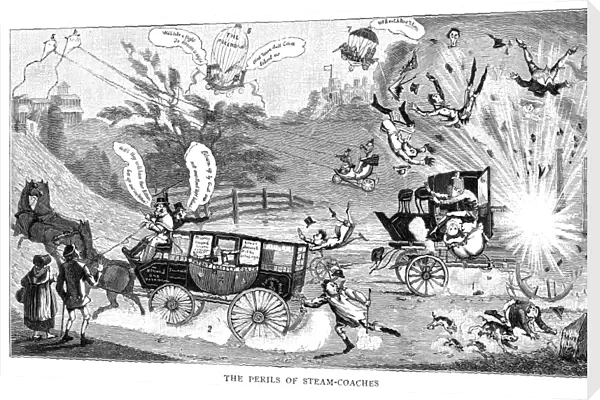 The Perils of Steam-Coaches. English cartoon showing an explosion caused by a steam carriage, 19th century