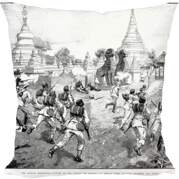 The Second Bengal Light Infantry, under British command, charging the Burmese village of Minhla. Wood engraving, English, 1885