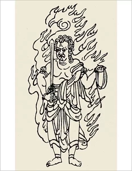 Japanese Buddhist divinity of wisdom and fire, also known as Acala. Line drawing