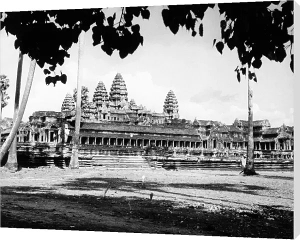 View of the temple ruins at Angkor Wat, Cambodia. Photographed in 1960