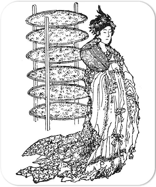 Chinese empress of Huang Di. Xi Ling-Shi beside trays of silkworms. The empress is credited by the Chinese with the invention of the loom and silk reeling and according to legend, discovered silk when a cocoon dropped into her teacup