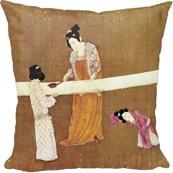 Women ironing a completed bolt of silk cloth. Detail from Court Ladies Preparing Newly-woven Silk, a painted silk handscroll attributed to Emperor Hui Tsung, Sung Dynasty, early 12th century, after a work by a T ang Dynasty artist of the 8th century