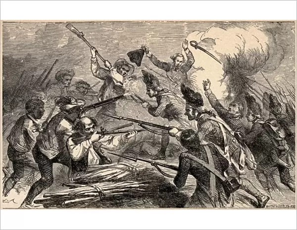 BATTLE OF BUNKER HILL, 1775. Peter Salem shooting British Marine Major John Pitcairn