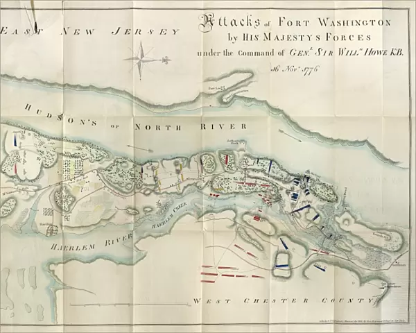 MAP: FORT WASHINGTON, 1776. Engraved map showing the English attacks on Fort Washington