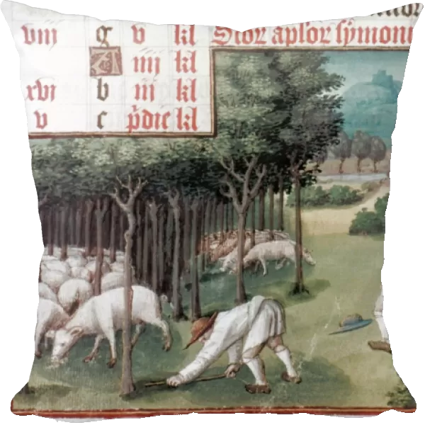 GLEANING IN OCTOBER. French manuscript illumination, late 15th century