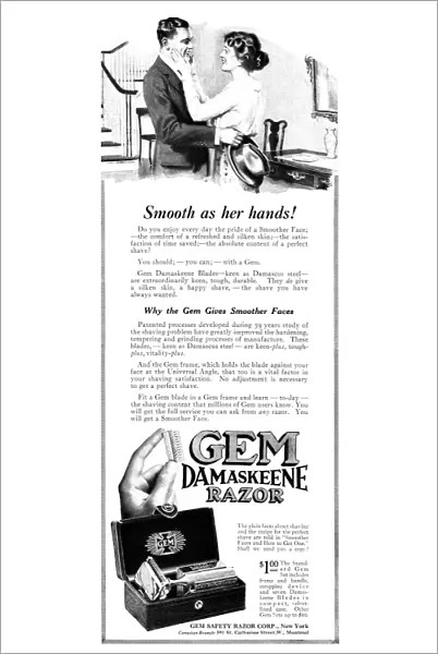 AD: RAZOR, 1919. American advertisement for Gem Damaskeene Razor, 1919