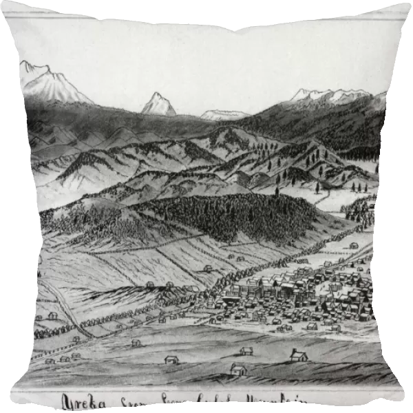 CALIFORNIA: YREKA, 1860. A bird s-eye-view of the town of Yreka, California, looking
