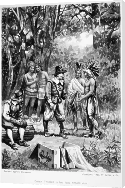 DUTCH FUR TRADE. Dutch settlers in America trading with the Native Americans. American lithograph