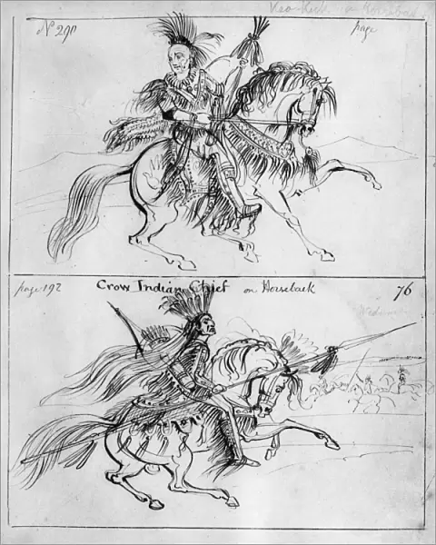 CATLIN: CHIEFS ON HORSEBACK. The Sauk chief Keokuk (top), and a Crow chief, both on horseback