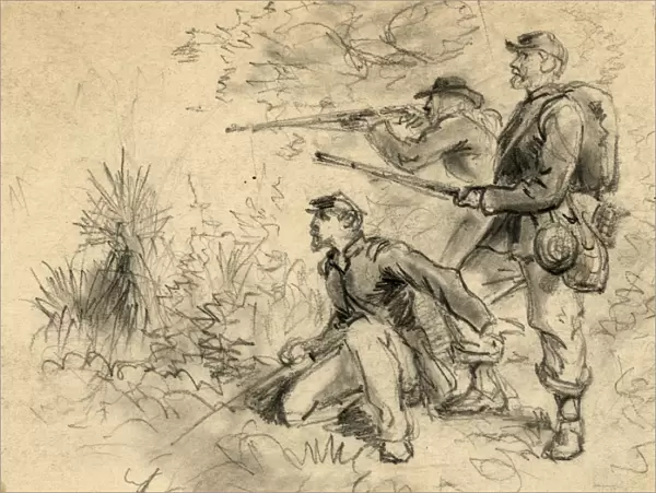 CIVIL WAR: SHARPSHOOTERS. Union sharpshooters. Drawing by Alfred R. Waud, c1863